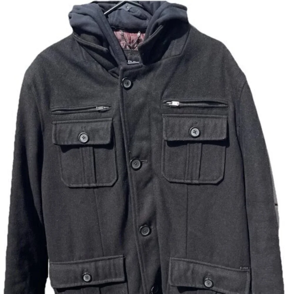 Vintage Guess Men’s Sz L Wool Long Pea Coat Black Full Zip Quilted Lining Hood